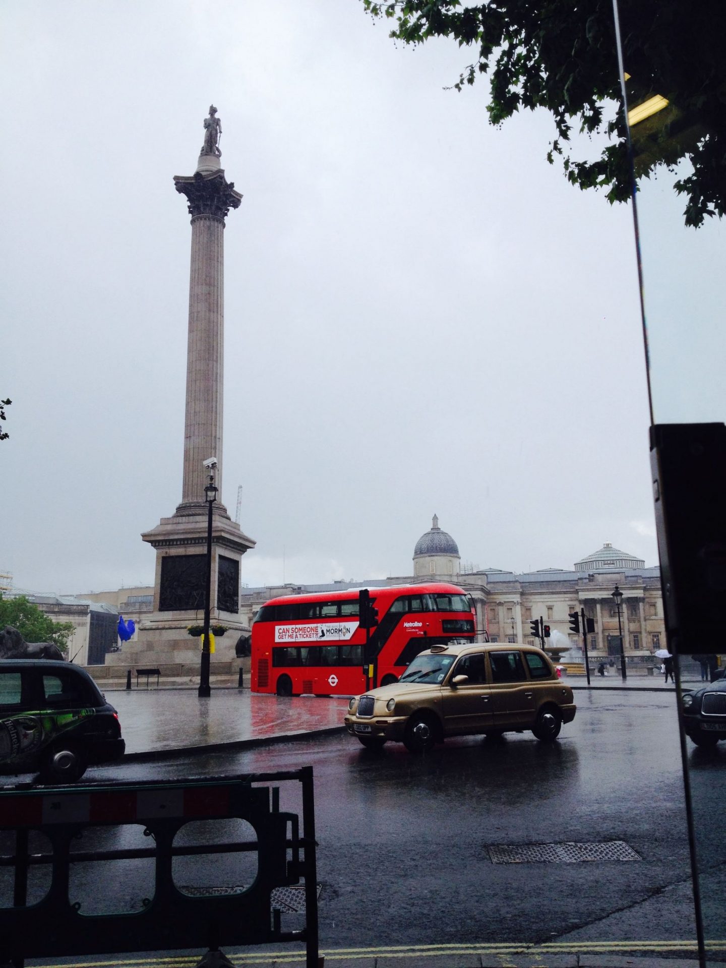 A drizzly Trafalgar Square, London