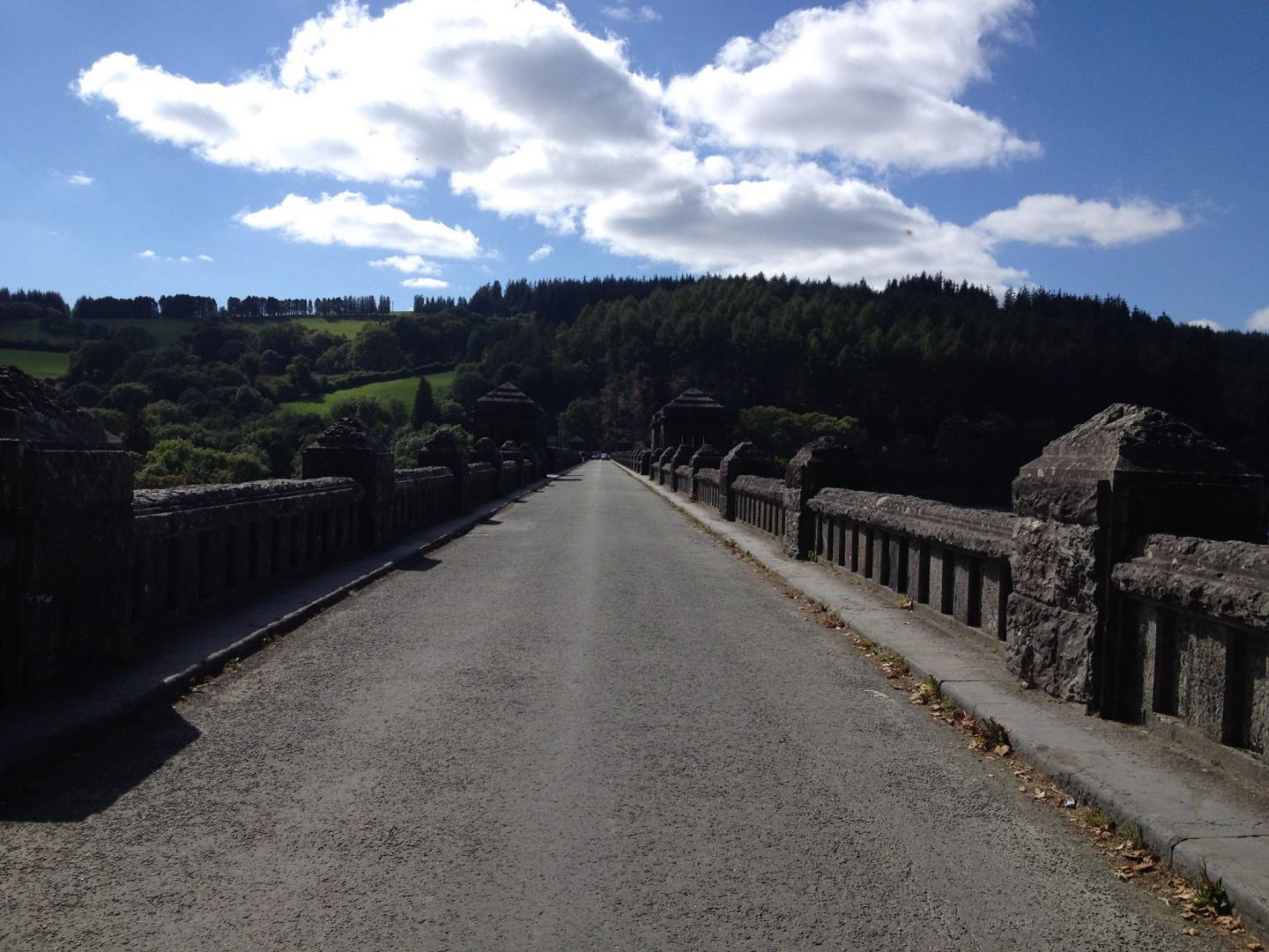 Driving over the bridge at Lake Vyrnwy, Wales