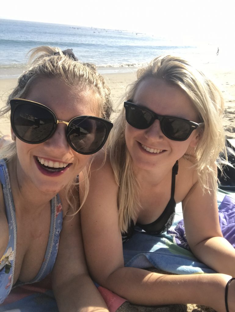 Girls sunbathing on the beach at Malibu, California