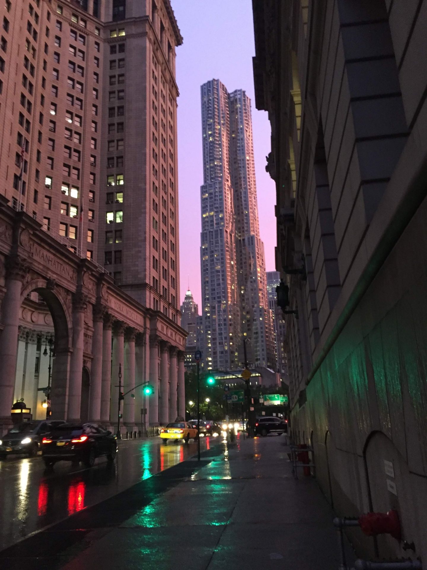 Pink sky during sunset across Manhattan, New York City