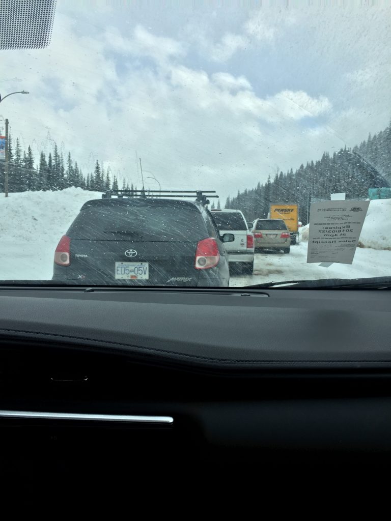 Car line up for a controlled avalanche near Revelstoke