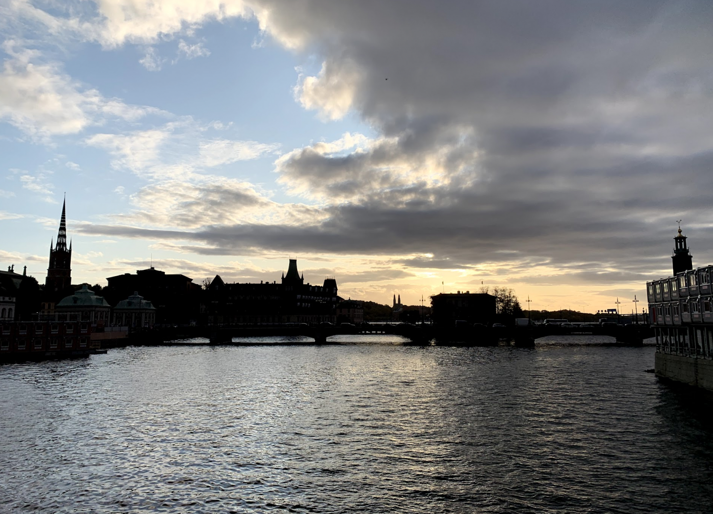 Sunset over Stockholm, Sweden on the bridge to Gamla Stan